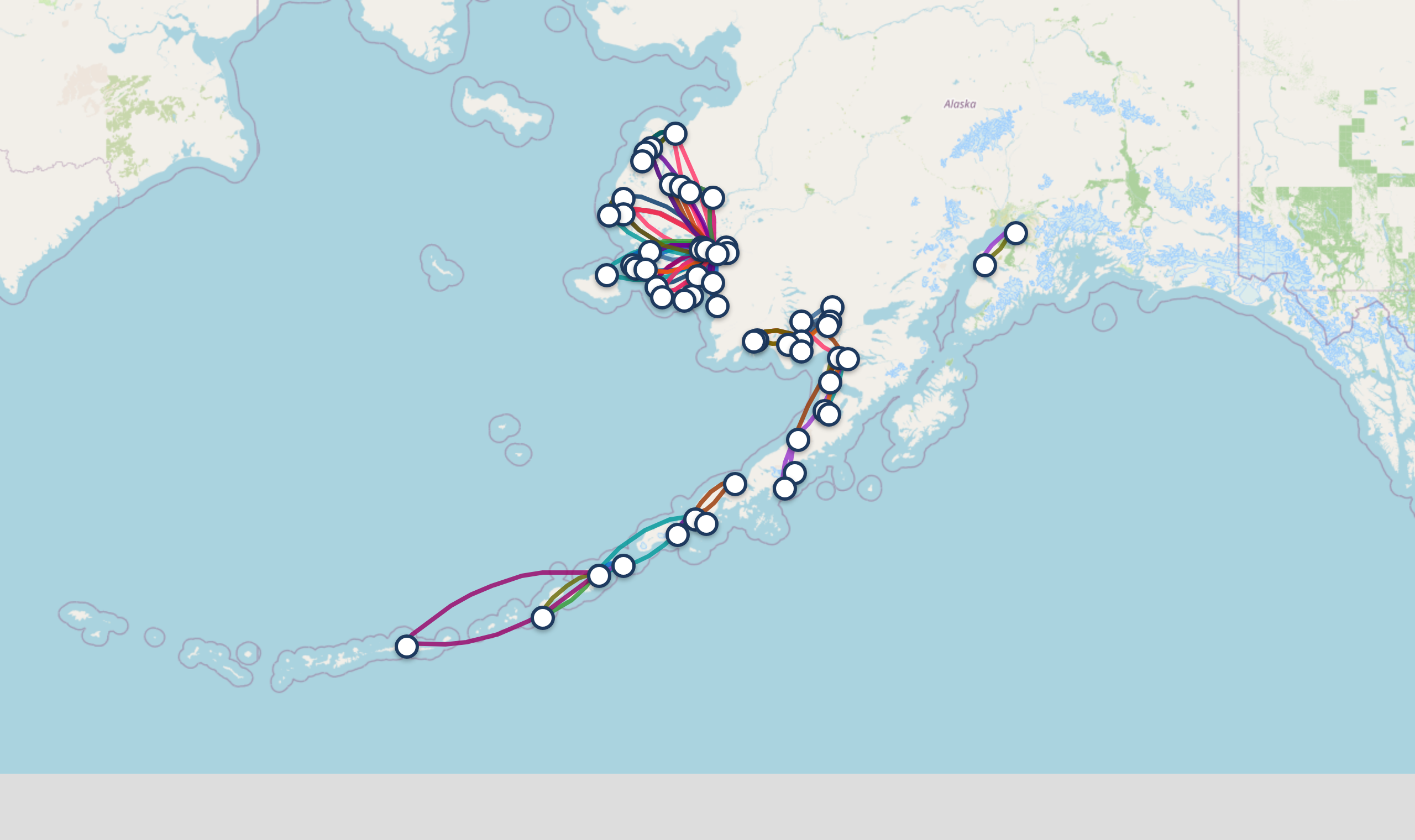 Map of Alaska showing scheduled flight routes (curved colored lines) operated by Grant Aviation between Bethel-area hub airports and the Aleutian chain — illustrating one of the 27 GTFS feeds woven into the routable multimodal network.